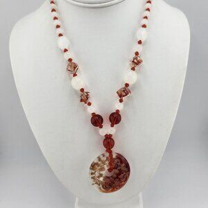 Red And Frosty Art Glass Bead‎ Pendant Necklace